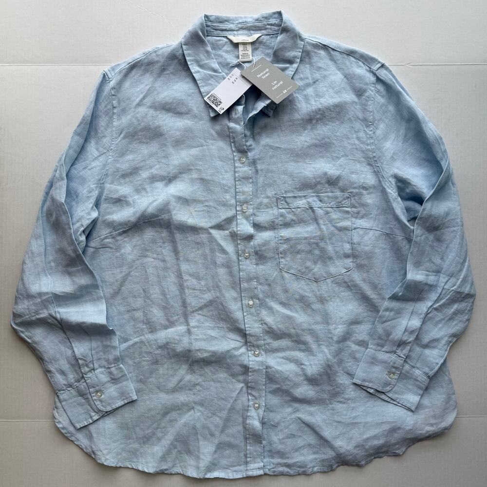 H&M Women's XL Blue Linen Button Shirt Preppy Coastal